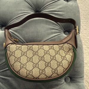 Gucci Ophidia Beige/Brown Monogram Crescent Shoulder Bag with Green Trim